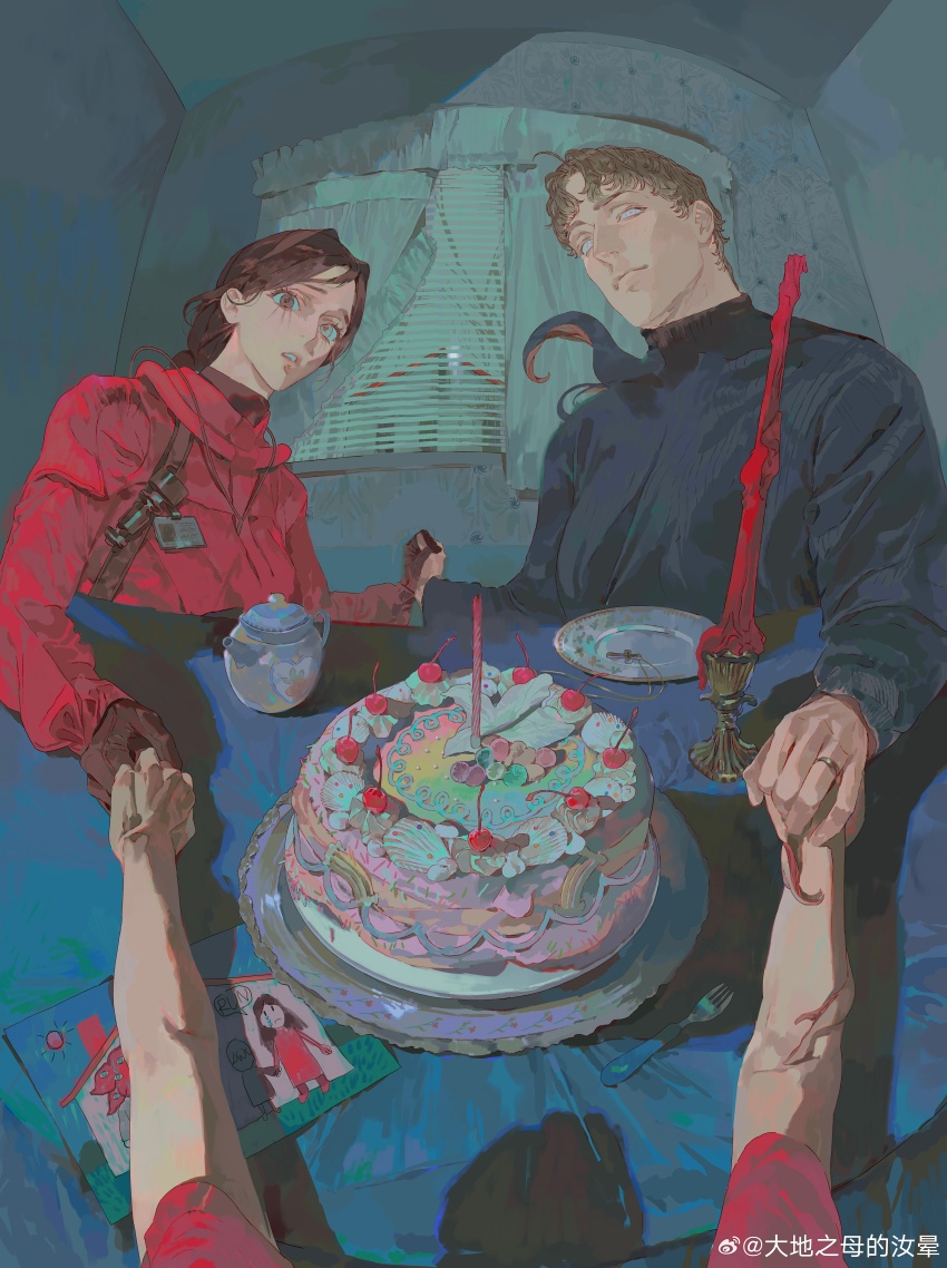 1boy, 1girl, absurdres, blonde_hair, blue_shirt, brown_gloves, brown_hair, cake, candle, cup, daphne_(mgong520), fisheye, food, gloves, highres, holding_hands, husband_and_wife, mgong520, original, plate, pov, pov_hands, salvatore_(mgong520), shirt, table, teacup, watermark, weibo_username, weibo_watermark