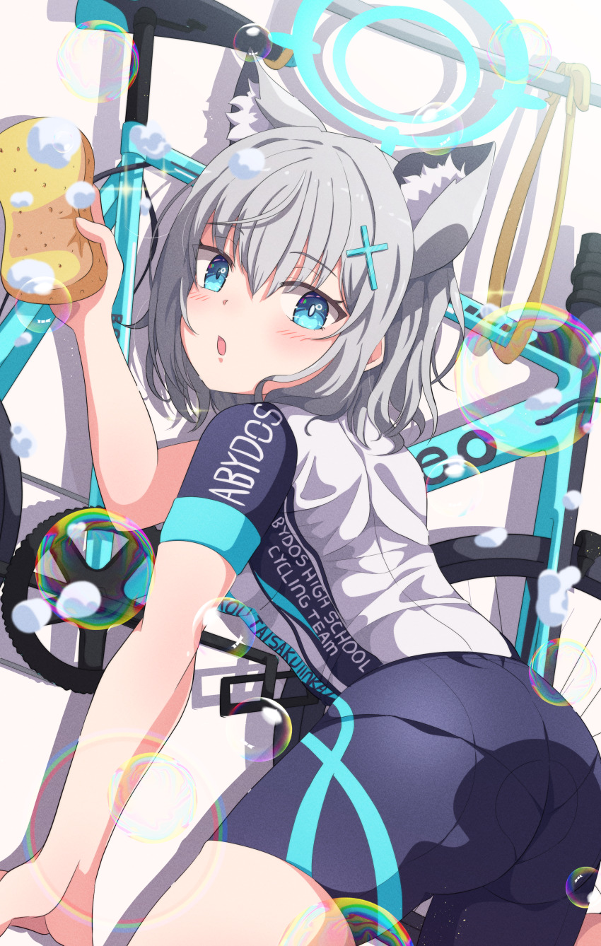 1girl, absurdres, animal_ear_fluff, animal_ears, ass, bicycle, bike_jersey, bike_shorts