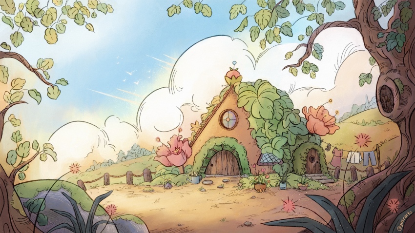 absurdres, architecture, blue_sky, branch, building, bush, clothesline, cloud