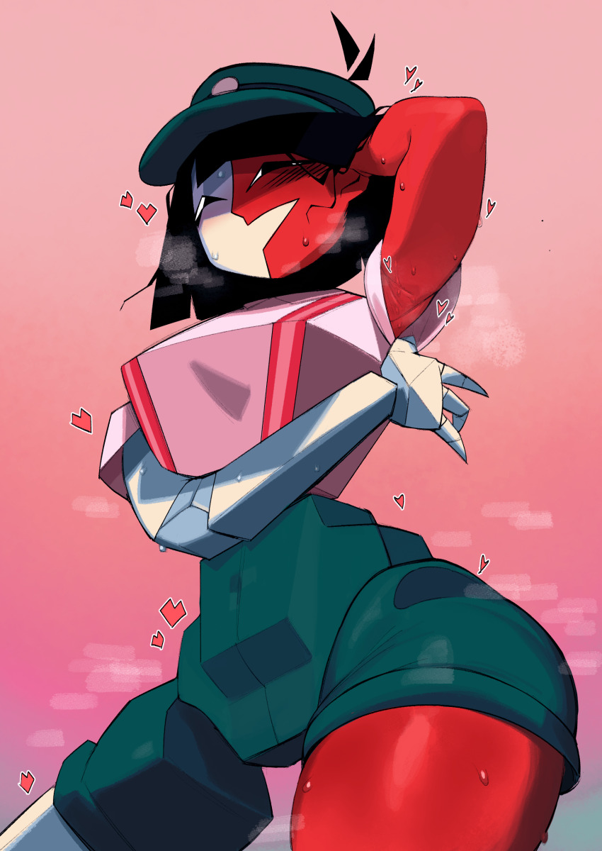 1girl, absurdres, arm_up, armpit_focus, armpits, colored_skin, contrapposto, ena:_dream_bbq, ena_(dream_bbq), ena_(paryi_project), ena_(series), hat, heart, highres, krekkov, looking_at_viewer, multicolored_skin, peaked_cap, pink_shirt, presenting_armpit, red_skin, salesperson_ena, shirt, solo, steaming_body, sweat, two-tone_skin