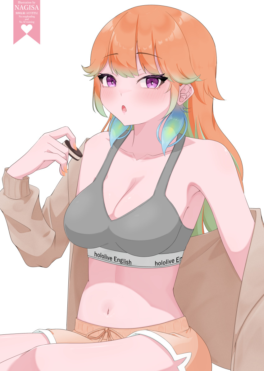 1girl, :o, absurdres, breasts, brown_jacket, cleavage, collarbone, cookie