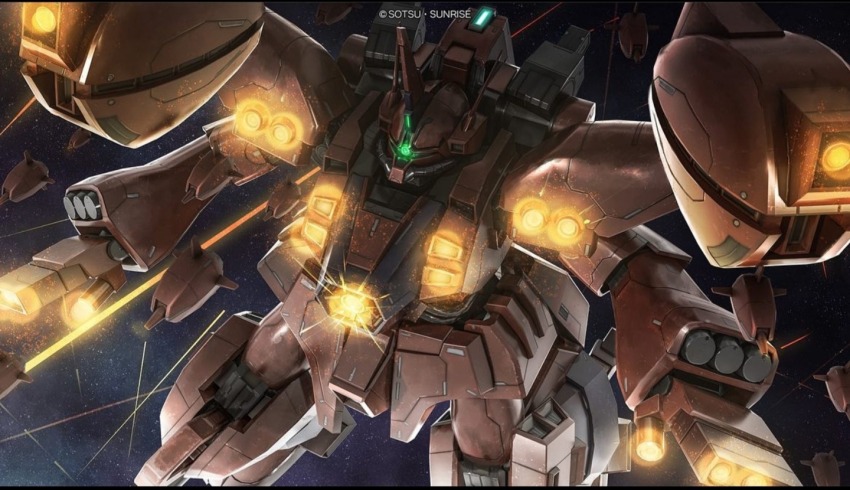 arm_cannon, artist_request, battle, beam_cannon, bit_(gundam), cannon, chest_cannon, copyright_logo