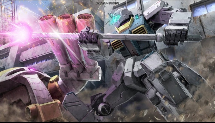 arm_cannon, artist_request, battle, beam_javelin, blue_visor, building, cannon, copyright_logo, damaged, debris, dirty, duel, dust_cloud, earth_federation, fake_screenshot, gm_iii, gundam, gundam_battle_operation_2, gundam_unicorn, gundam_zz, juaggu, logo, machinery, mecha, mecha_focus, neo_zeon, one-eyed, radio_antenna, realistic, robot, rocket_launcher, ruins, science_fiction, sunrise_(company), weapon