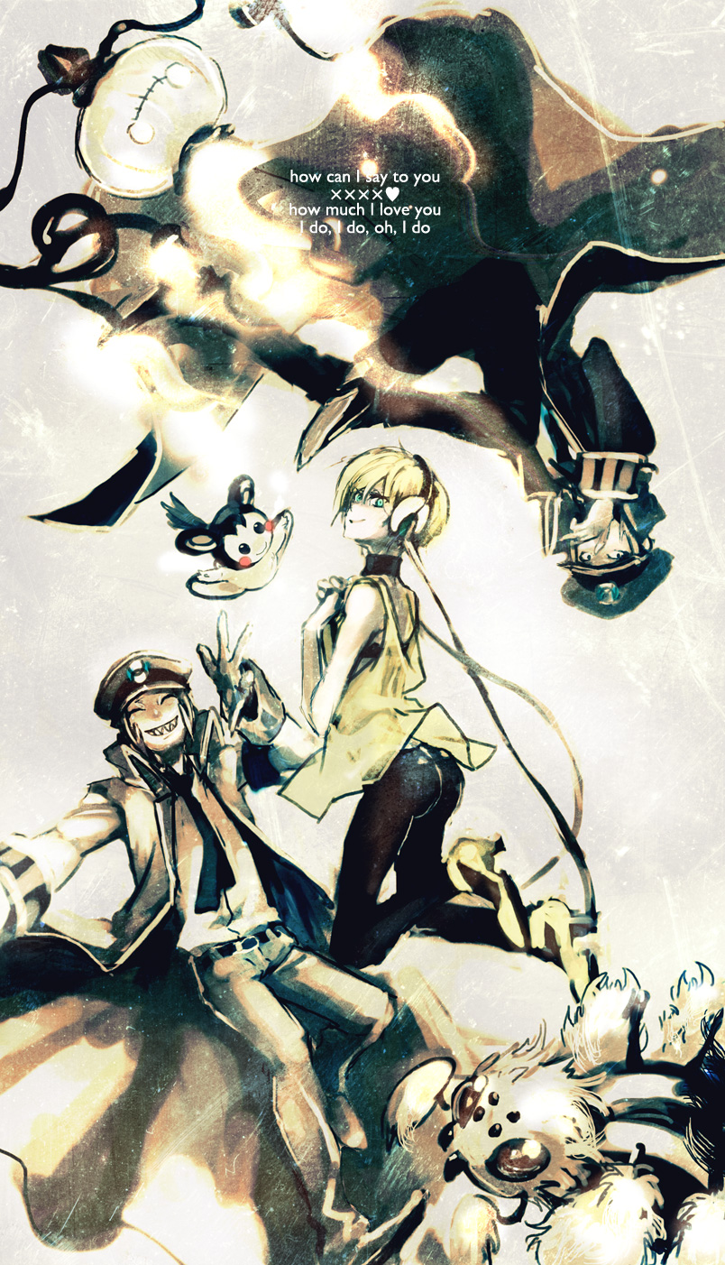 10s, 1girl, 2boys, ass, bad_id, bad_pixiv_id, black_pantyhose, blonde_hair