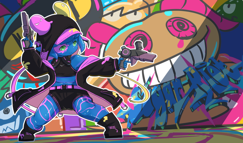 1girl, absurdres, black_hood, black_jacket, black_shoes, black_shorts, blue_skin, closed_mouth