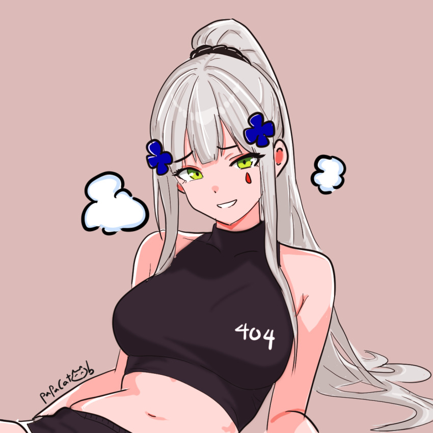 1girl, 404, bare_shoulders, black_shorts, breasts, commentary, crop_top, cross