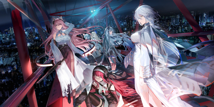 6+girls, animal_ears, black_skirt, black_thighhighs, blonde_hair, breasts, cat_ears, character_request