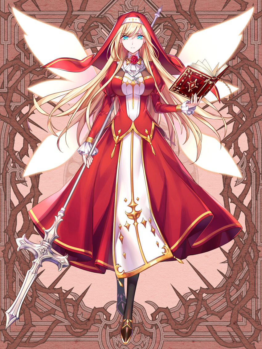 1girl, ascot, baymelia_mikhailov, black_shoes, blonde_hair, blue_eyes, book, breasts, brown_background, cross, cross_necklace, dairoku_ryouhei, dress, full_body, gold_trim, highres, holding, holding_book, holding_staff, holding_weapon, impossible_clothes, jewelry, long_sleeves, looking_at_viewer, medium_breasts, necklace, open_book, pbw_maru, red_dress, shoes, solo, staff, weapon, white_ascot, wings