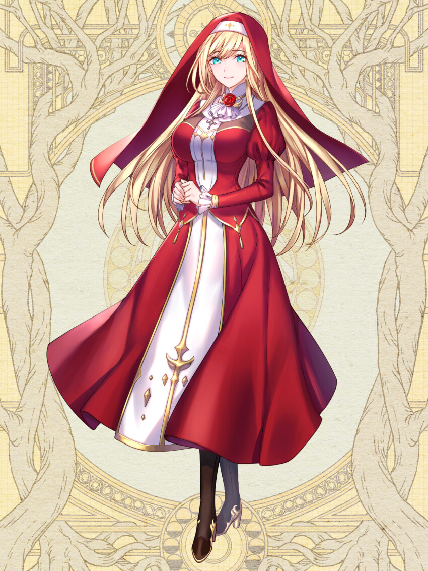 1girl, ascot, baymelia_mikhailov, blue_eyes, breasts, cross, cross_necklace, dairoku_ryouhei, dress, full_body, gold_trim, high_heels, highres, jewelry, juliet_sleeves, long_hair, long_sleeves, medium_breasts, necklace, pbw_maru, puffy_sleeves, red_dress, solo, standing, very_long_hair, white_ascot, yellow_background