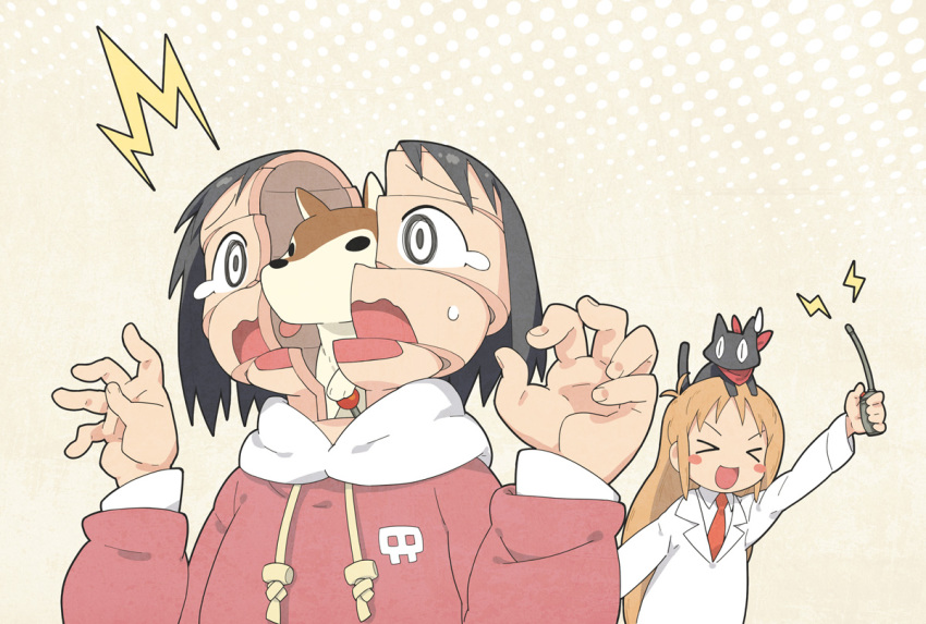 >_<, 1girl, android, arnold_schwarzenegger, blush_stickers, buddy_(nichijou), cat, child, controller, cyberpunk, dog, douglas_quaid, closed_eyes, lab_coat, mask, necktie, nichijou, parody, professor_shinonome, remote_control, robot, sakamoto_(nichijou), scarf, science_fiction, shinonome_nano, slit_pupils, smile, sweatdrop, tears, total_recall, utadokei