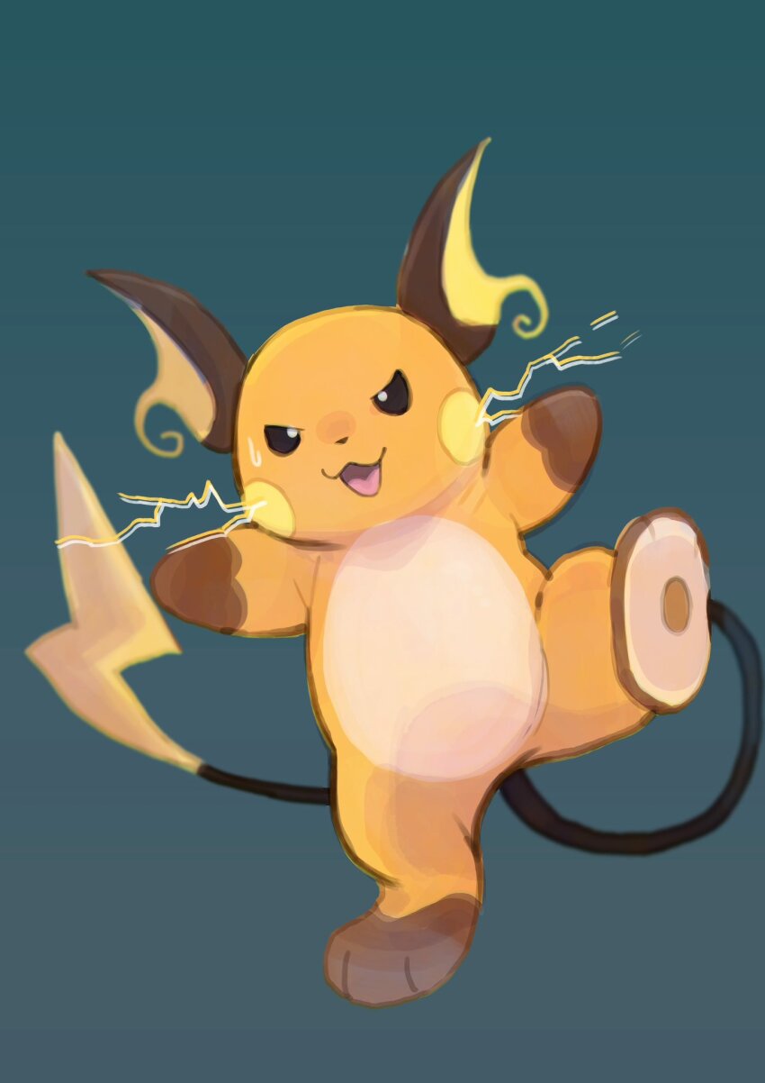 aqua_background, brown_fur, chin_chilla_(tinntira), electricity, full_body, gen_1_pokemon, highres, looking_at_viewer, multicolored_fur, nintendo, no_humans, open_mouth, orange_fur, pokemon, pokemon_(creature), raichu, simple_background, solo, tail, white_fur