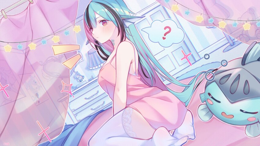 1girl, ?, aqua_hair, armpit_crease, babydoll, bedroom, black_hair, blush, bra, bra_peek, breasts, character_doll, commentary, doll, elira_pendora, elira_pendora_(1st_costume), english_commentary, finana_ryugu, finana_ryugu_(jirai_kei), fins, from_side, hair_between_eyes, head_fins, highres, lace, lace-trimmed_thighhighs, lace_trim, long_hair, looking_at_viewer, mu_ank, multicolored_hair, nijisanji, nijisanji_en, notice_lines, on_bed, pink_babydoll, pink_hair, purple_eyes, ryuguard_(finana_ryugu), scales, sitting, small_breasts, solo_focus, squeans, streaked_hair, thighhighs, thighs, underwear, variant_set, very_long_hair, virtual_youtuber, wariza, white_thighhighs