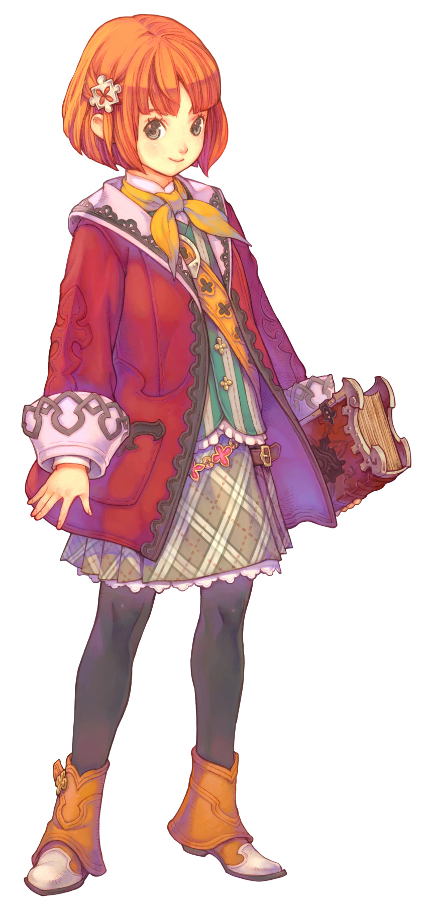 1girl, absurdres, avalon_code, black_pantyhose, book, brown_eyes, coat, female_focus, full_body, haccan, highres, long_sleeves, official_art, orange_hair, pantyhose, simple_background, smile, solo, standing, tia_(avalon_code), white_background