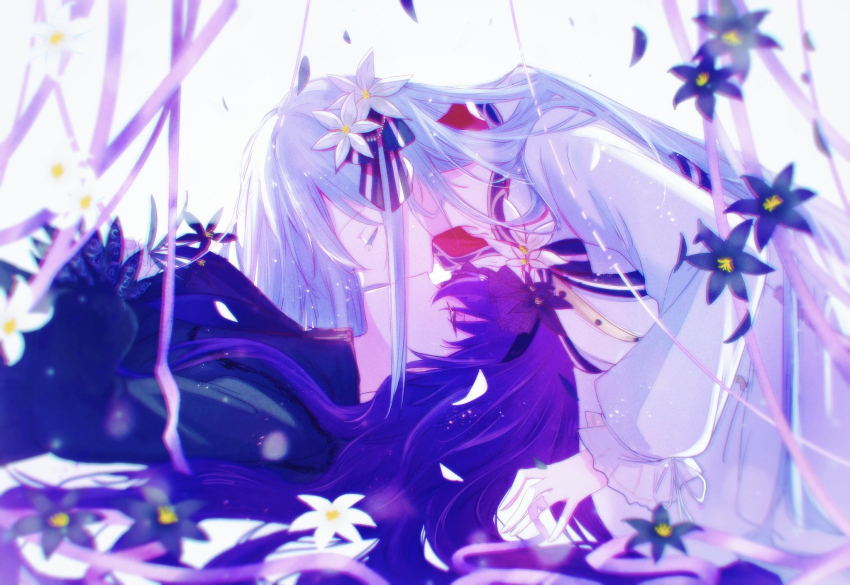 2girls, asahina_mafuyu, closed_eyes, daikon_daikon, flower, hair_ornament, highres, kiss