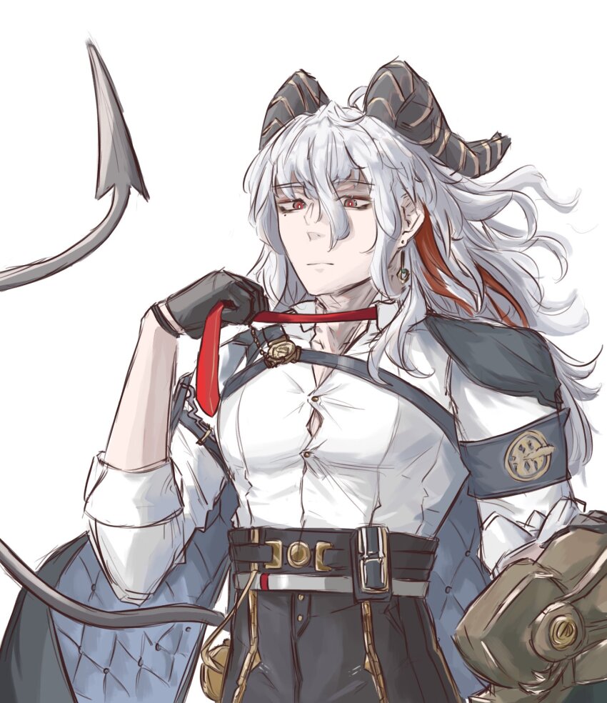 1boy, armband, black_armband, black_eyes, black_gloves, black_horns, black_jacket, black_pants, black_tail, chest_harness, closed_mouth, clothes_grab, collared_shirt, commentary, demon_tail, dragon_gami, earrings, english_commentary, genderswap, genderswap_(ftm), gloves, hair_between_eyes, harness, high-waist_pants, highres, horns, jacket, jacket_on_shoulders, jewelry, key_earrings, long_hair, male_focus, mole, mole_under_eye, multicolored_eyes, multicolored_hair, necktie, necktie_grab, neckwear_grab, pants, red_eyes, red_necktie, shirt, shirt_tucked_in, simple_background, solo, streaked_hair, tail, toned, toned_male, two-tone_eyes, white_background, white_hair, white_shirt, wuthering_waves, zani_(wuthering_waves)