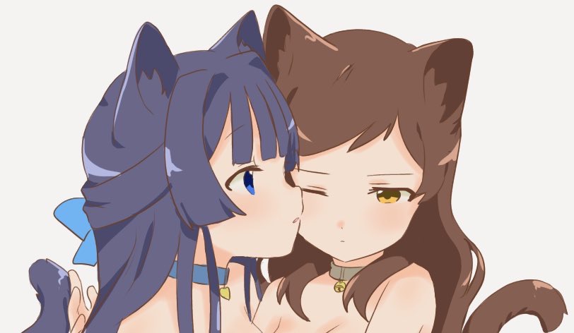 2girls, animal_collar, animal_ears, bare_shoulders, bell, black_hair, blue_eyes, brown_eyes