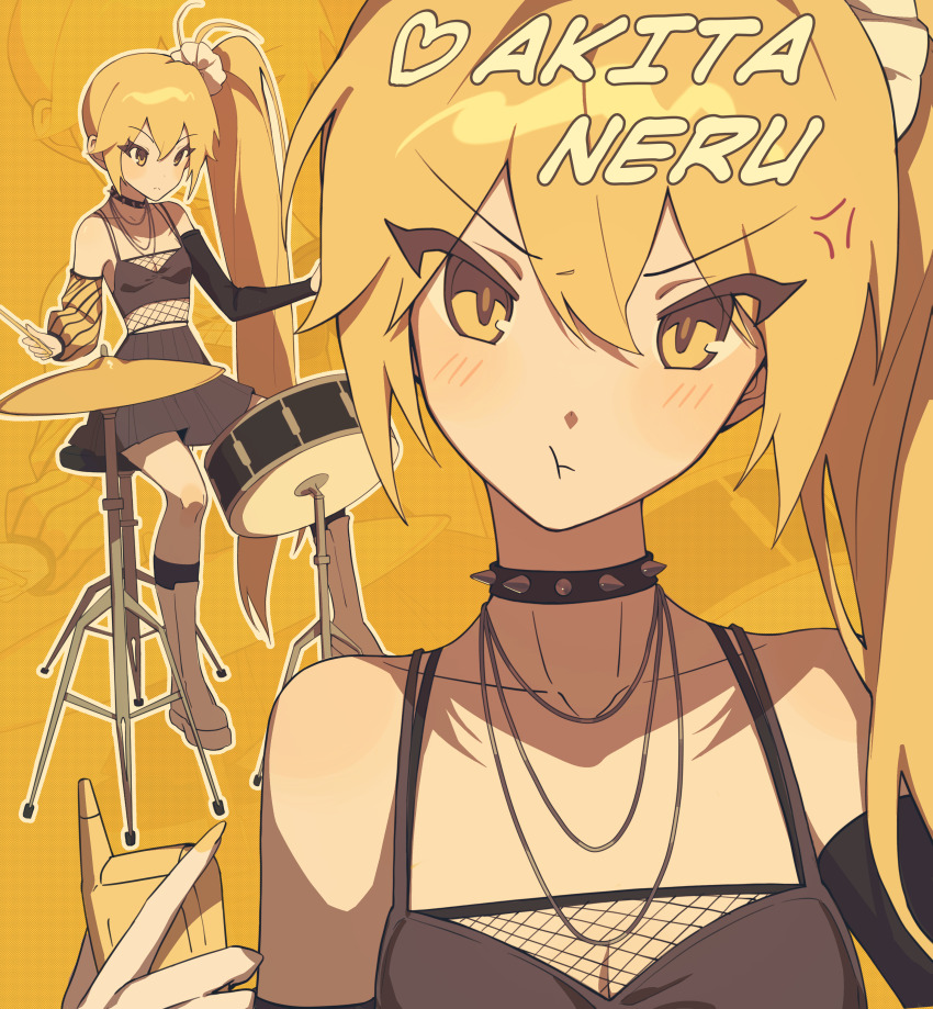 1girl, :t, absurdres, akita_neru, alternate_costume, black_camisole, black_coat, black_skirt