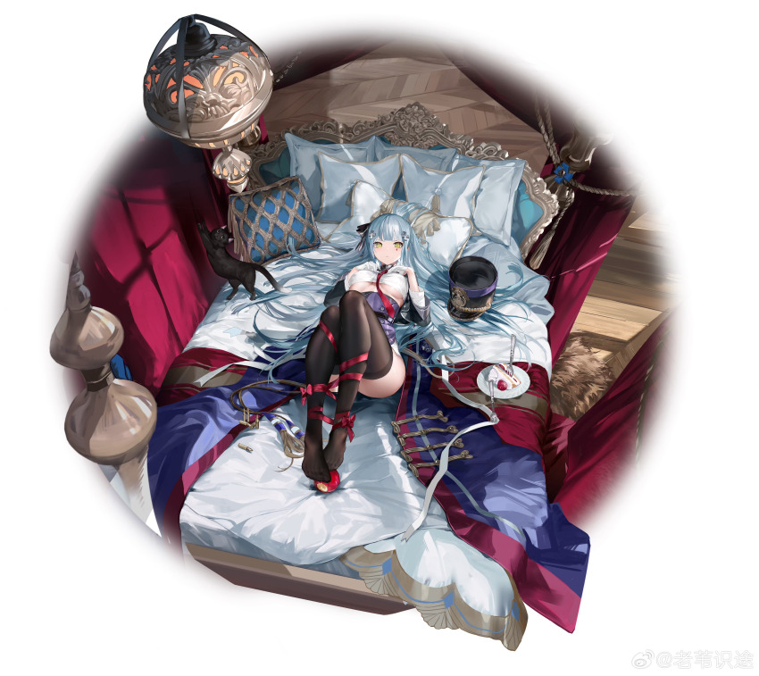 1girl, absurdres, apple, bed, black_cat, black_thighhighs, breast_suppress, breasts