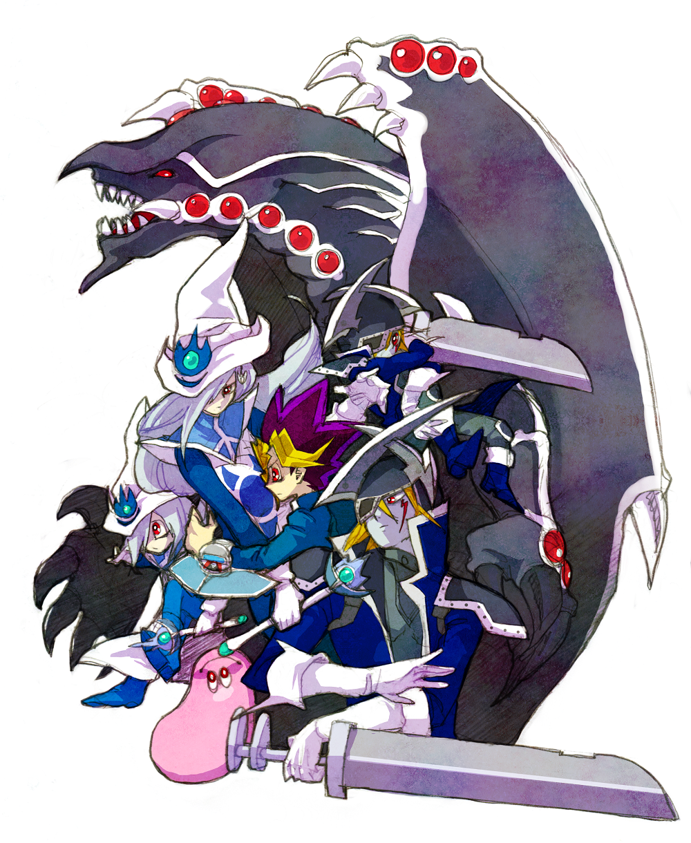 1girl, 2boys, blonde_hair, blue_jacket, colored_skin, dragon, duel_disk, fake_horns