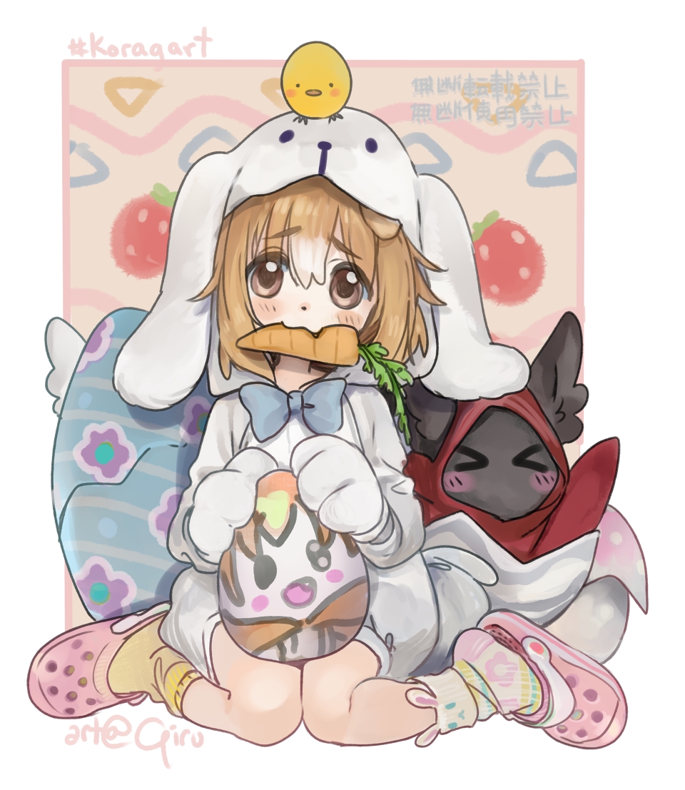 >_<, 1girl, animal_costume, animal_ears, animal_hood, aqua_bow, aqua_bowtie, baby_animal