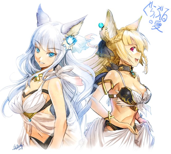 2girls, animal_ear_fluff, animal_ears, asymmetrical_bangs, bare_shoulders, bikini, blonde_hair, blue_eyes