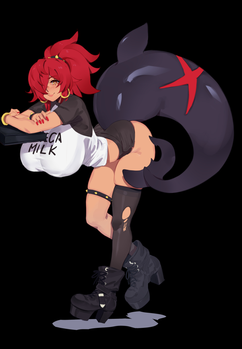 1girl, asymmetrical_legwear, black_background, black_boots, black_shorts, black_thighhighs, boots, bracelet