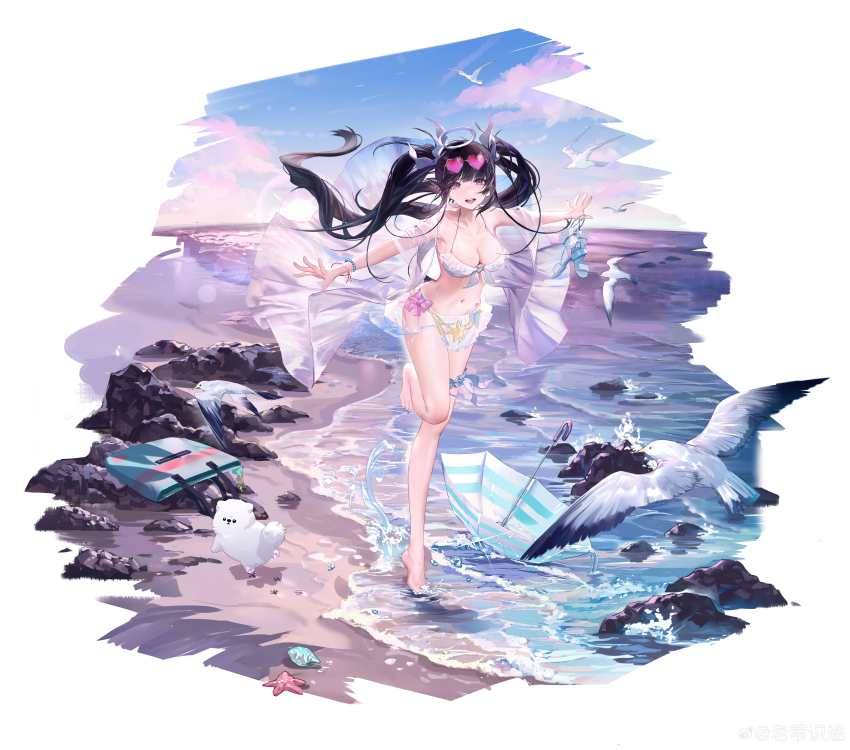 1girl, absurdres, bag, barefoot, beach, bikini, bird, black_hair, breasts, conch, dog, frilled_bikini, frills, girls'_frontline, girls'_frontline_neural_cloud, halo, highres, laowei_shi_tu, large_breasts, looking_at_viewer, nanaka_(neural_cloud), nanaka_(scarlet-hued_dreams)_(neural_cloud), official_alternate_costume, official_art, open_mouth, outstretched_arms, purple_eyes, rock, seagull, see-through_clothes, see-through_shawl, shawl, solo, standing, standing_on_one_leg, starfish, swimsuit, teeth, twintails, umbrella, upper_teeth_only, water, white_bikini