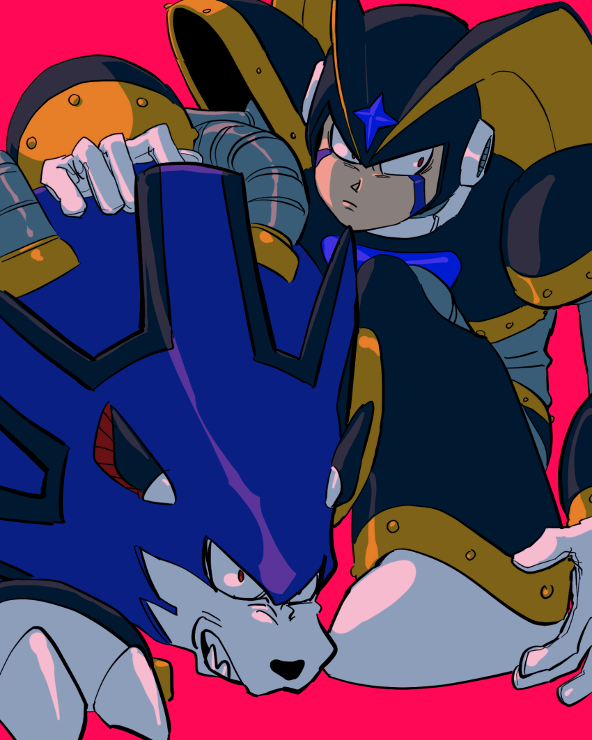 1boy, android, armor, bass_(mega_man), black_armor, black_helmet, chest_jewel, clenched_teeth