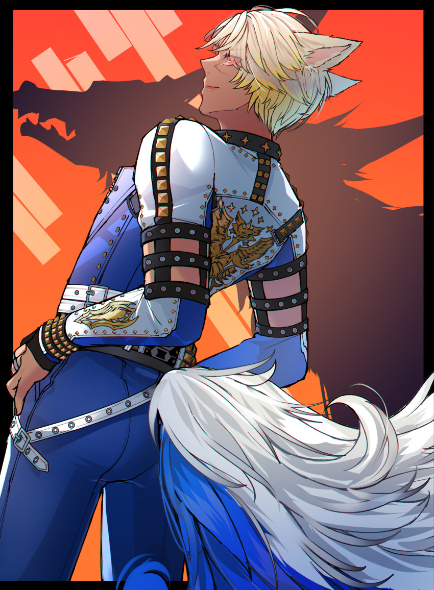 1boy, absurdres, animal_ears, belt, black_border, blonde_hair, blue_jacket, blue_pants