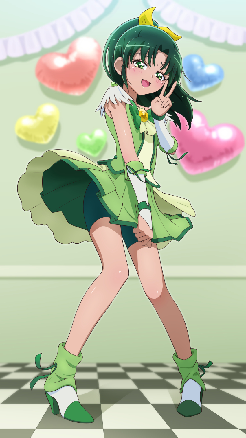 1girl, :d, absurdres, balloon, bike_shorts, bike_shorts_under_skirt, blush, boots