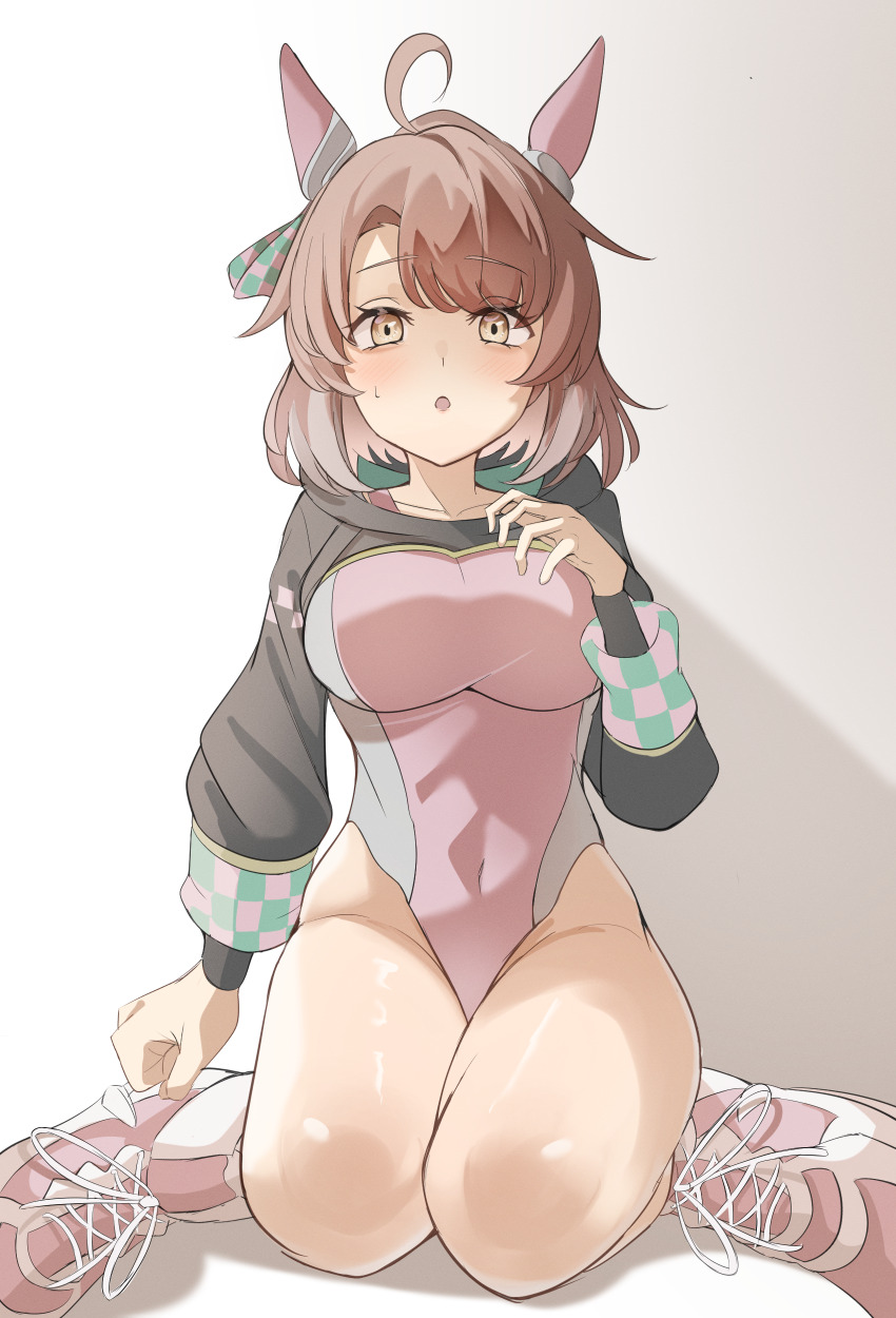 1girl, absurdres, adapted_costume, ahoge, animal_ears, bare_legs, blush, breasts, brown_hair, buckwheat638478, collarbone, colored_tips, commentary_request, covered_navel, dantsu_flame_(umamusume), ear_covers, ear_ornament, highleg, highleg_leotard, highres, hood, hood_down, hooded_leotard, horse_ears, horse_girl, leotard, long_sleeves, medium_breasts, multicolored_hair, on_ground, open_mouth, pink_leotard, pink_shoes, seiza, shadow, shoes, simple_background, sitting, sneakers, solo, streaked_hair, umamusume, unworn_shoes, white_background, yellow_eyes