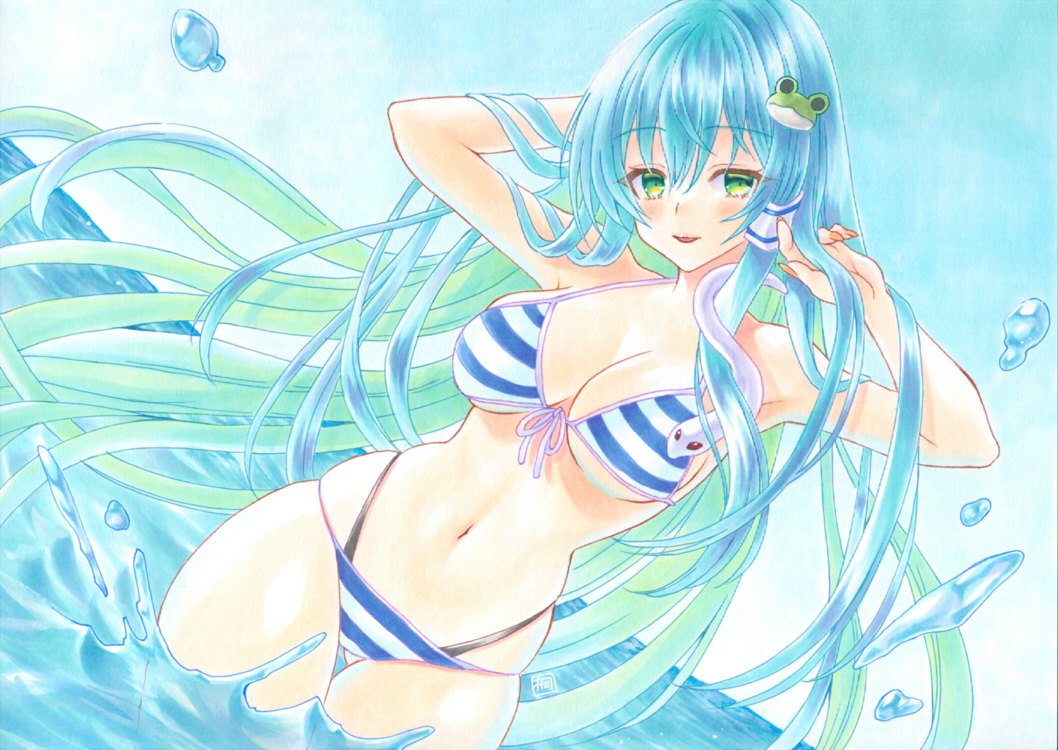 1girl, :d, adjusting_hair, bikini, blush, breasts, cleavage, commentary_request