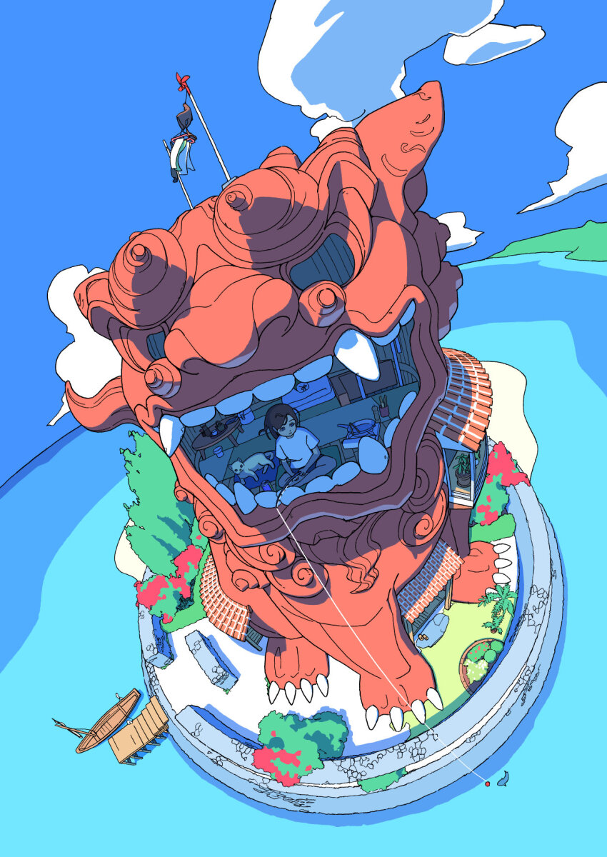 1girl, akabane_1999, animal, architecture, barefoot, beach, black_hair, blue_sky