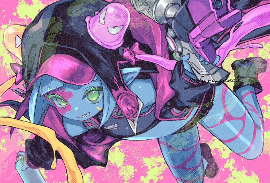 1girl, blue_skin, blunt_bangs, colored_eyelashes, colored_skin, commentary, crop_top, final_fantasy, final_fantasy_xiv, furue_(kkrfurue), green_eyes, grin, gun, headphones, headphones_around_neck, holding, holding_gun, holding_spray_can, holding_weapon, hood, hood_up, lalafell, pointy_ears, sharp_teeth, short_hair, smile, solo, splatter_background, spray_can, sugar_riot, untranslatable_commentary, teeth, twitter_username, weapon