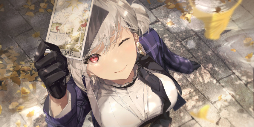 1girl, black_gloves, blue_jacket, breasts, card, earrings, from_above, game_cg