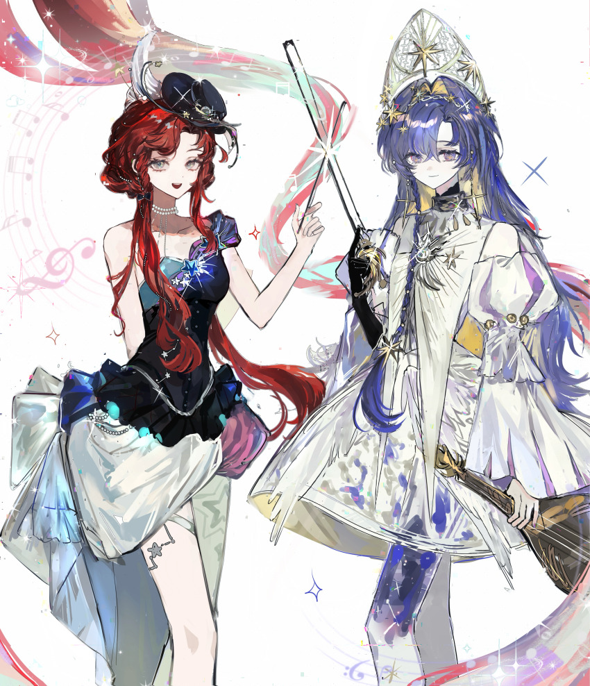 2girls, :d, absurdres, barcarola_(asteroid_allegro)_(reverse:1999), barcarola_(reverse:1999), beamed_eighth_notes, beamed_sixteenth_notes, black_gloves