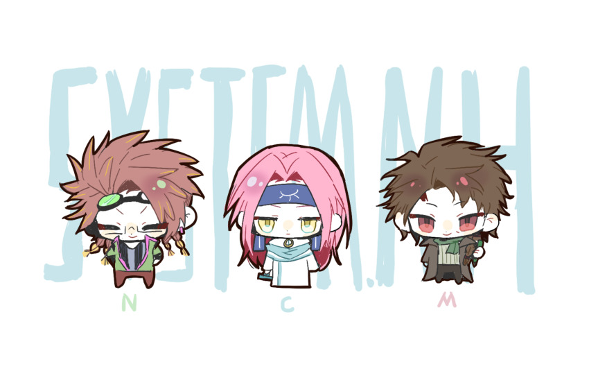 3boys, black_jacket, black_pants, blonde_hair, blue_headband, blue_scarf, blush_stickers, braid