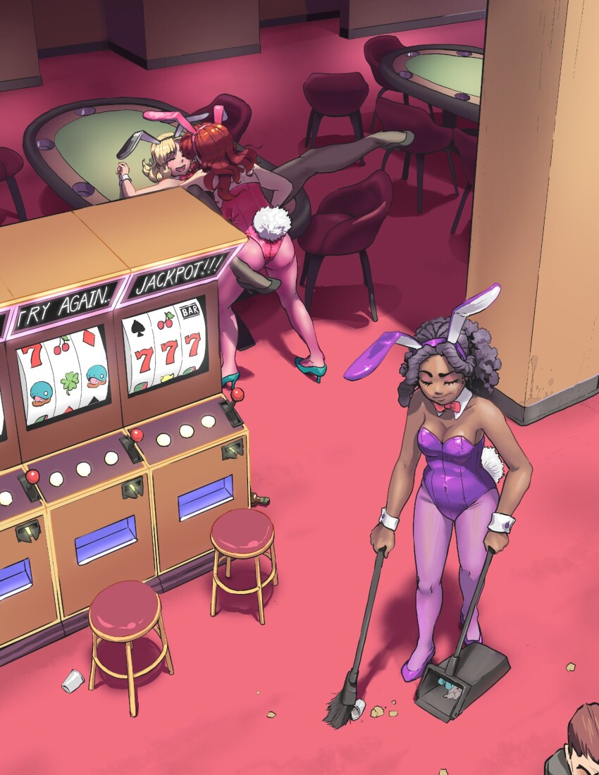 3girls, animal_ears, armpits, black_hair, black_leotard, blonde_hair, bow, bowtie