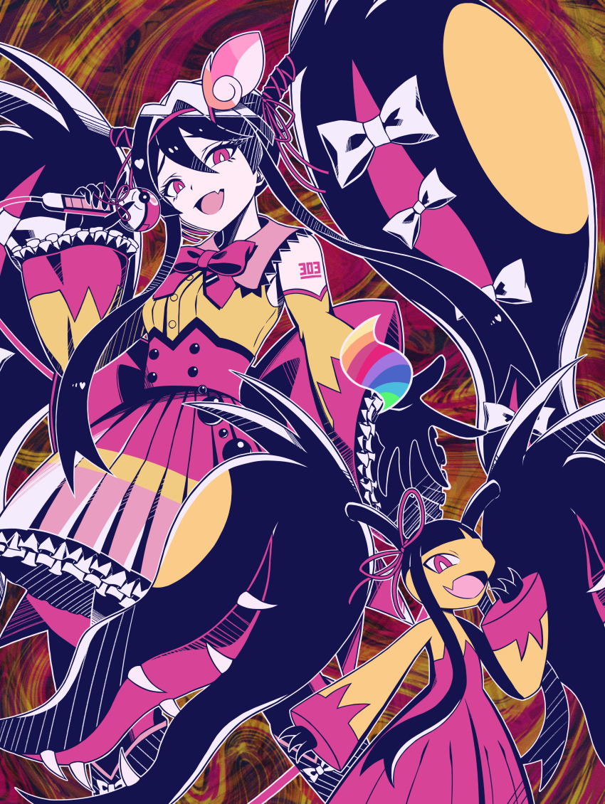 :d, absurdres, assiette47, bow, dress, eyelashes, fairy_feather_(pokemon), fang