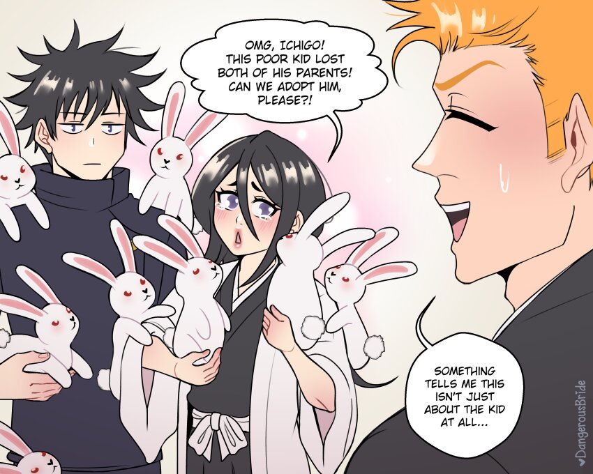 1girl, 2boys, absurdres, background_request, black_hair, black_hakama, black_kimono, bleach