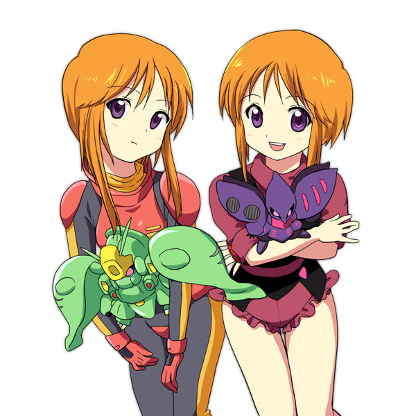 2girls, clone, elpeo_puru, gundam, gundam_zz, looking_at_viewer, multiple_girls, open_mouth, orange_hair, pilot_suit, purple_eyes, puru_two, qubeley_mk_ii, quin_mantha, short_hair, siblings, simple_background, sisters, sleeves_rolled_up, standing, thigh_gap, thighs, twins, yukito_mayumi