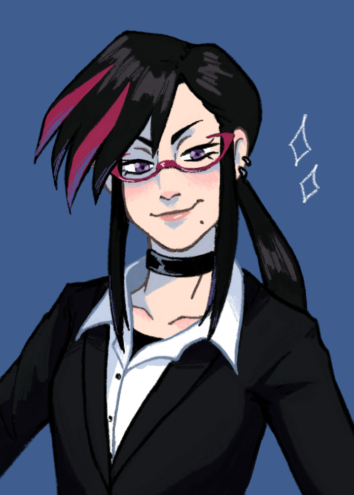1girl, akira_mitsuru, black_hair, black_jacket, blue_background, choker, classicaloid, closed_mouth, collarbone, earrings, eyelashes, glasses, jacket, jewelry, long_hair, long_sleeves, looking_at_viewer, multicolored_hair, office_lady, red-framed_eyewear, shirt, sidelocks, simple_background, solo, sparkle, streaked_hair, ugoberto, upper_body, white_shirt