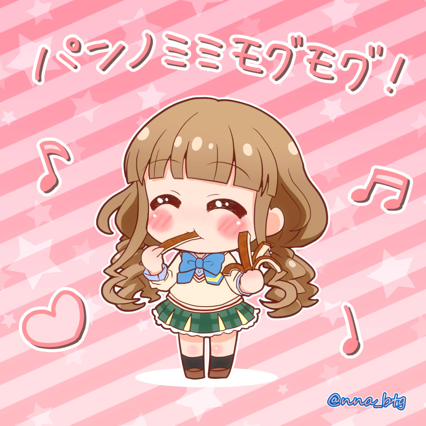 1girl, battle_girl_high_school, blue_bow, blunt_bangs, bow, bread, brown_hair, cardigan