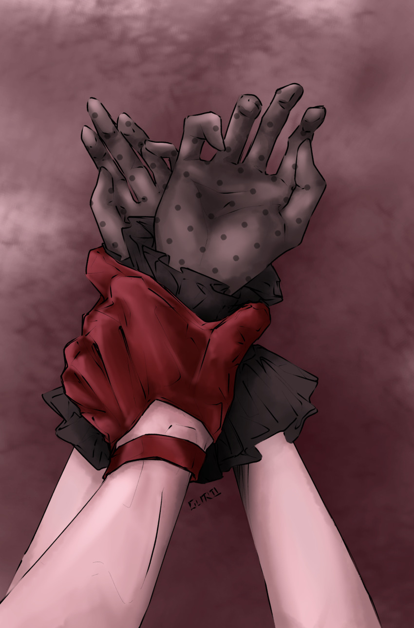 2girls, aver_(yumenokessho), bang_dream!, bang_dream!_it's_mygo!!!!!, black_gloves, brown_background, commentary, doloris_(bang_dream!)