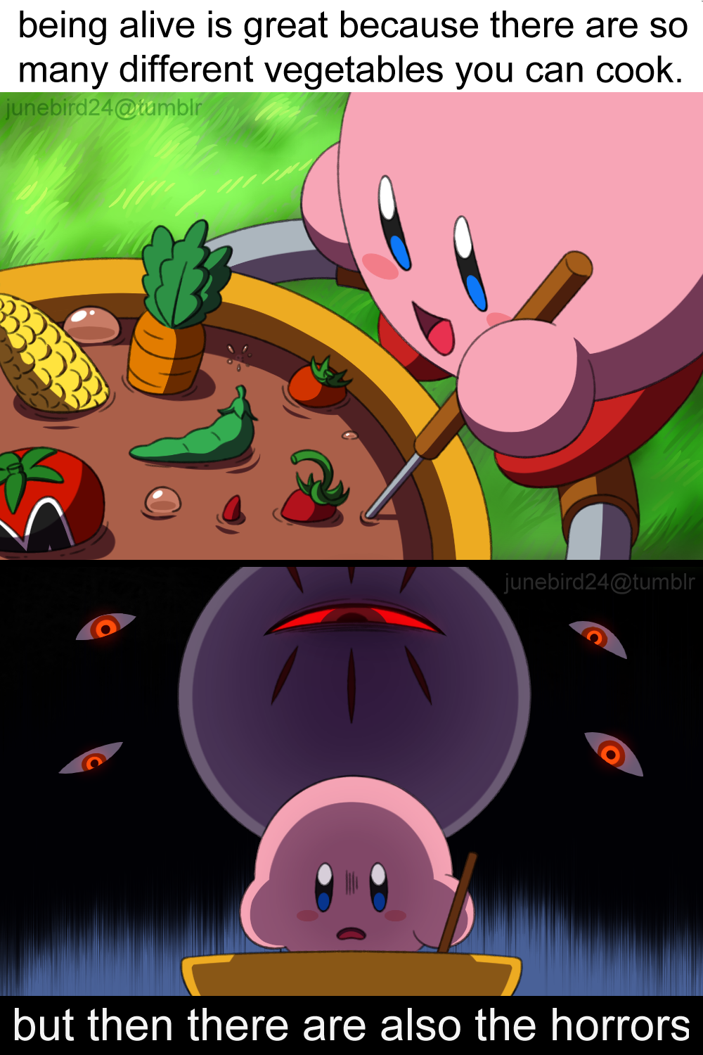 blush_stickers, carrot, cauldron, chili_pepper, colored_skin, cooking, corn, corn_cob, dark_matter_(kirby), highres, jalapeno_pepper, junebird24, kirby, kirby's_dream_land_3, kirby_(series), maxim_tomato, nintendo, no_humans, one-eyed, pink_skin, tumblr_username, zero_(kirby)