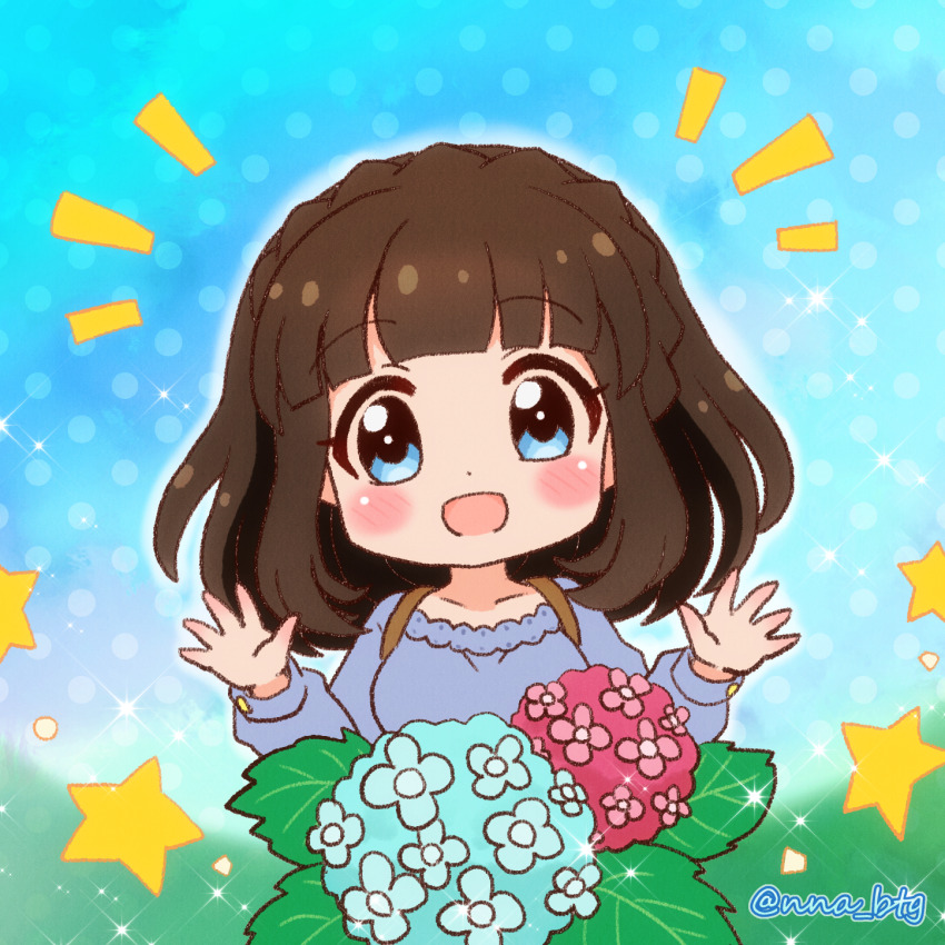 1girl, asahina_kokomi, battle_girl_high_school, blue_background, blue_eyes, blue_flower, blue_shirt, braid