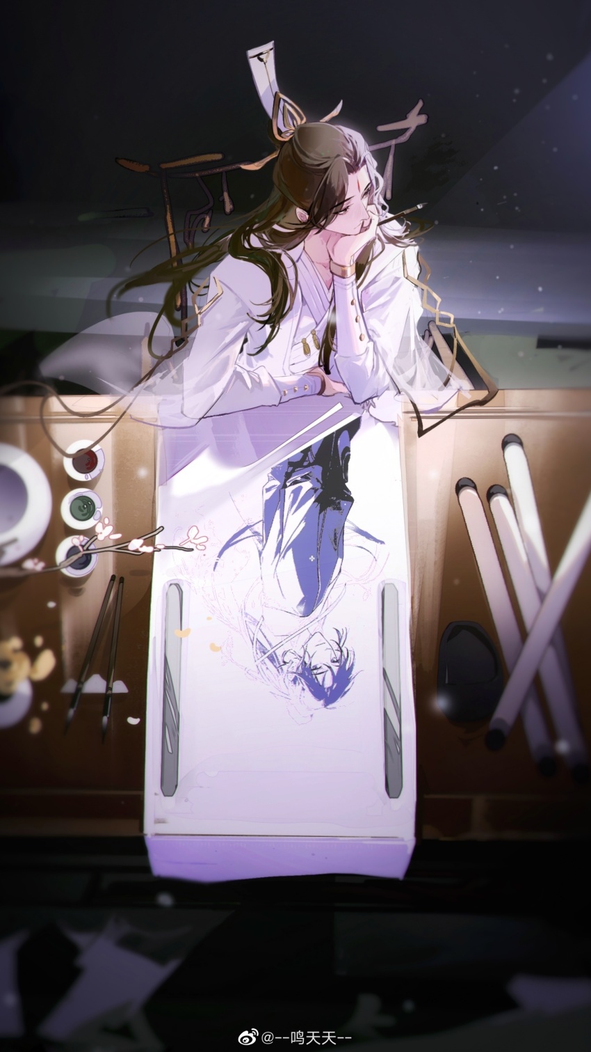 1boy, absurdres, branch, brown_eyes, brown_hair, calligraphy_brush, chair, cheng_qian