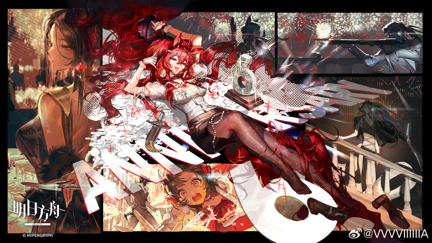 3boys, 4girls, arknights, black_hair, earrings, eboda-x, gem, gun