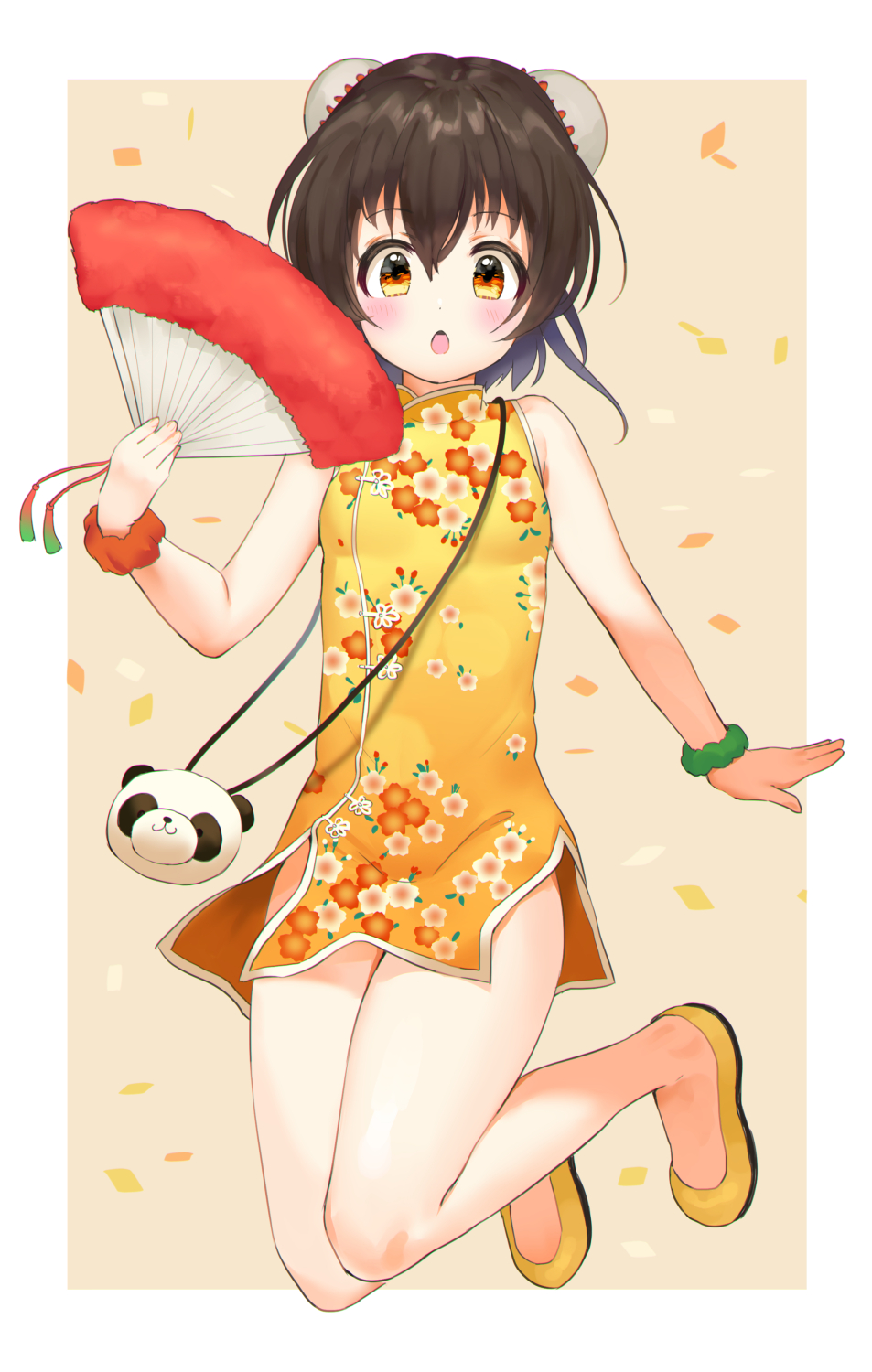 1girl, battle_girl_high_school, border, brown_hair, bun_cover, china_dress, chinese_clothes, double_bun