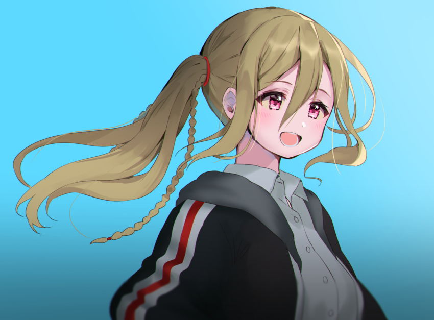 1girl, battle_girl_high_school, black_jacket, blonde_hair, blue_background, blush, braid, collared_shirt